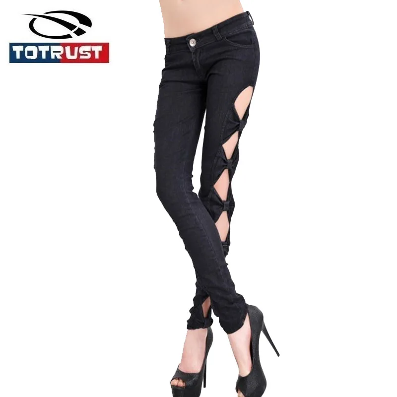 

Sexy Side Bow Tight Low Waist Jeans Woman Pencil hollow Slim Skinny Denim Pencil Pants Women Jeans Feminina Pantalon Femme