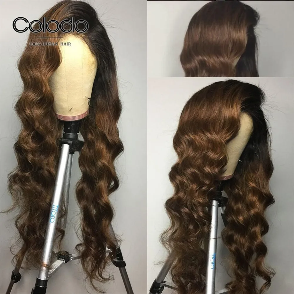 

COLODO Remy Brazilian Ombre Brown Lace Front Human Hair Wigs Preplucked Deep Wave Wig Side Part 13x6 Lace Front Wig for Women