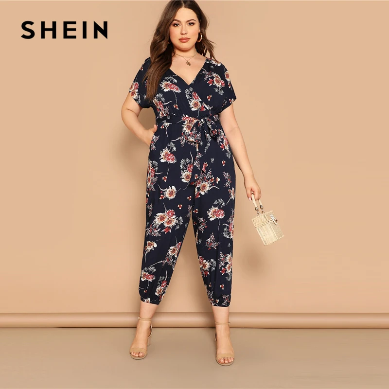 SHEIN Plus Size Navy Floral Print Belted Wrap Jumpsuit 2019 Women ...