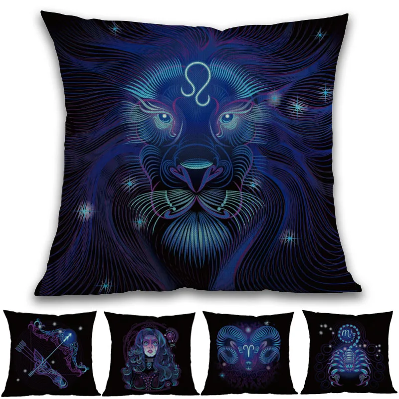 

Dark Background Twelve Constellations The Signs Of The Zodiac Purple Blue Line Pattern PillowCase Sofa Decoration Cushion Cover