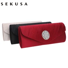 SEKUSA Satin Ruched Fashion Women Evening Bags Rhinestones Chain Shoulder Bag/Soft Lady Dress Purse Evening Bags
