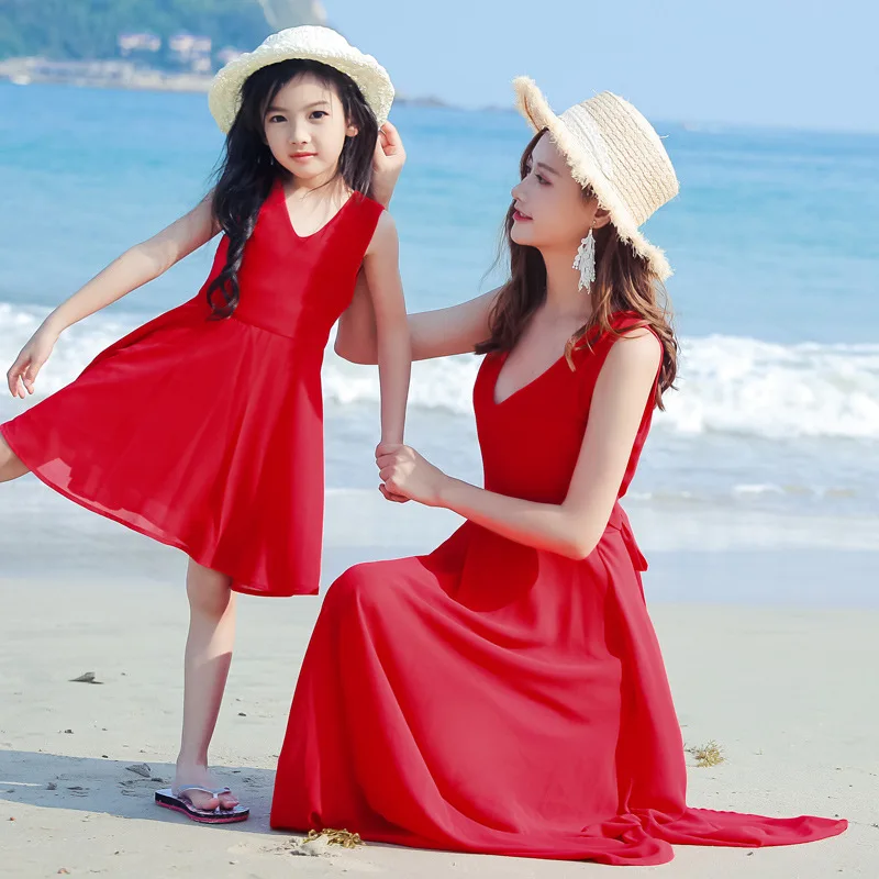 

ZOGAA 2019 New Summer Causal Solid Mother and Daughter Beach Dress Sleeveless Family Matching Dress Red and Navy