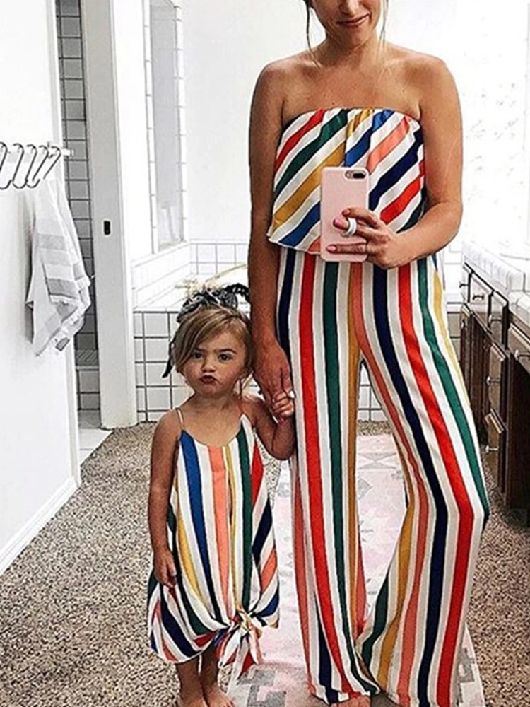 

Rainbow Stripe Cold Shoulder Styler Mother and Daughter Matching Jumpsuits