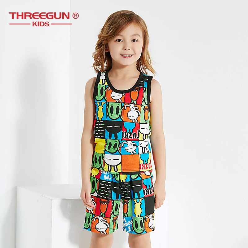 

THREEGUN 2pcs/Set Children Boys Cotton Sleepwear Kids Sleeveless Pajamas Set Cartoon Tuzki Shorts + Vest Teenager Underwear