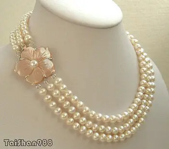 

Hot sale Free Shipping>>>>>3 Rows Genuine 7-8 mm White Pearl 18KWGP Shell Flower Clasp Necklace