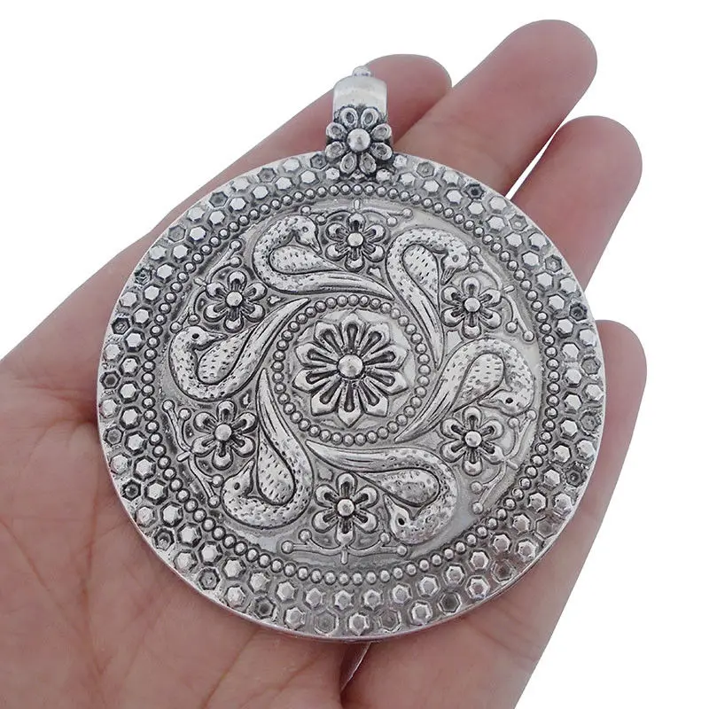 

3 x Antique Silver Tone Large Tribal Bohemian Boho Medallion Round Charms Pendants for Necklace Jewelry Making Findings 68x60mm