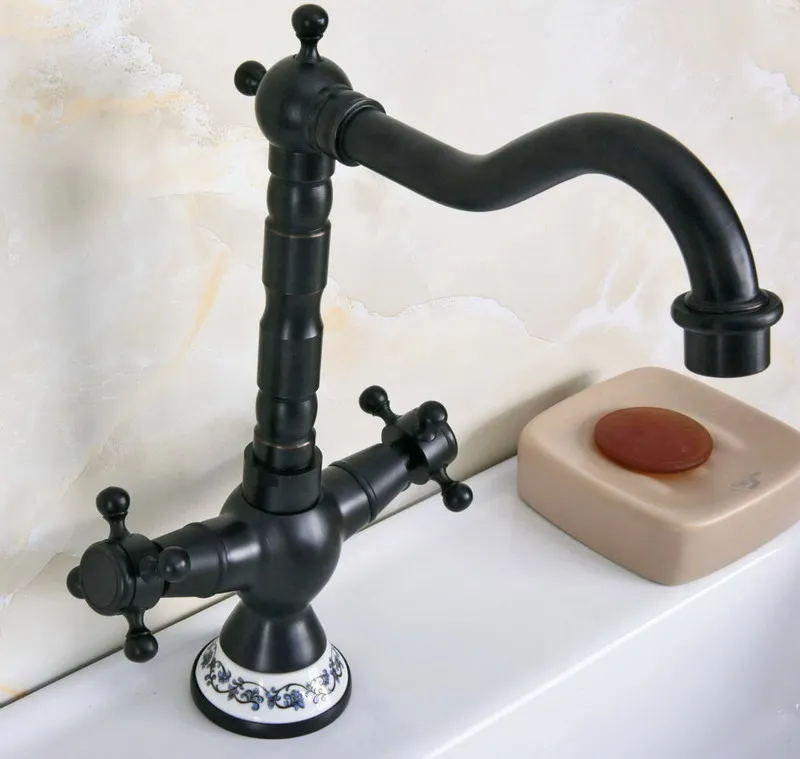 

Oil Rubbed Bronze Dual Cross Handles Ceramic Base Bathroom Kitchen Basin Sink Faucet Mixer Tap Swivel Spout Deck Mounted mnf644