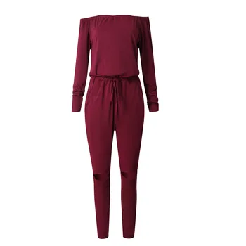 

Wontive Red Color One Word Collar Collar Tube Top Strapless Long Sleeve Sexy Open Knee Trousers Jumpsuits Bodysuits
