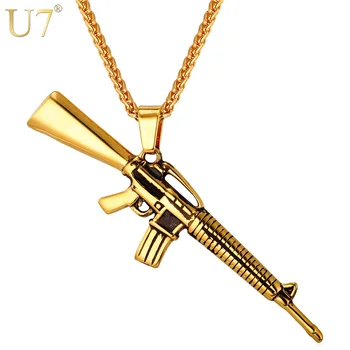 

U7 Necklaces Pendants Gold Color Stainless Steel M16 Rifle Charm Necklace American Military Army Style Hip Hop Men Jewelry P732