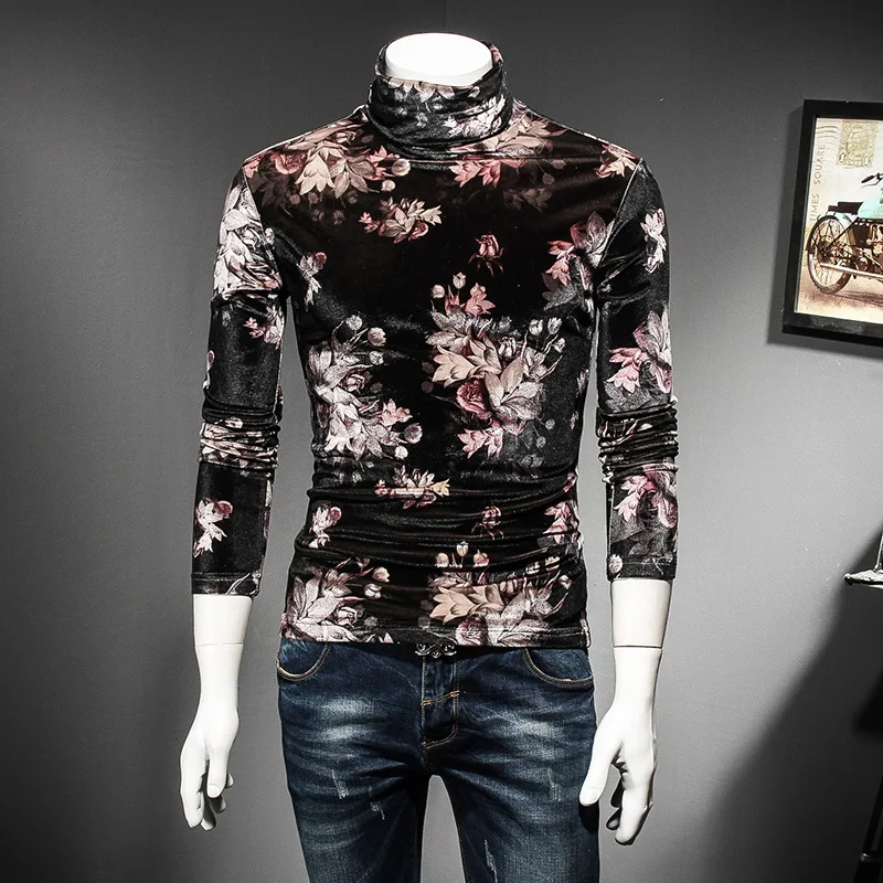 

Floral Velvet T Shirt Men 2018 New Autumn Winter Long Sleeve Slim Fit Camiseta Masculina Plus Size 5xl Luxury Camisetas Hombre