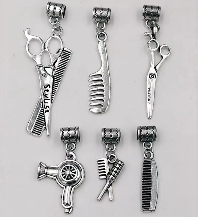 

Fashion Antique Silver Mixing Hair Curlers Hair Dryer Comb Scissors Charms Pendant Bracelets&Necklace Barber Gift L16