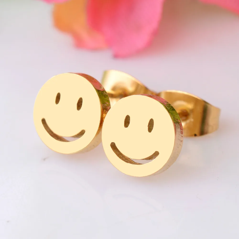 Hoge Kwaliteit Lachend Gezicht Rvs Oorbel Goud Kleur Stud Oorbel Voor Mannen En Vrouwen Nooit Vervagen 025|Oorknopjes| - AliExpress