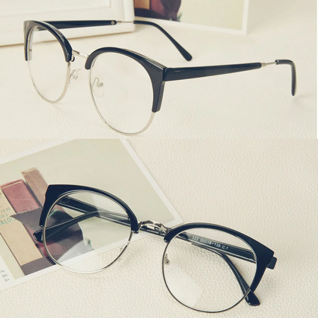 

2017 Charming Anti-Radiation Goggles Plain Glass Spectacles Fashion Women Metal+Plastic Semi Circle Frame Glasses