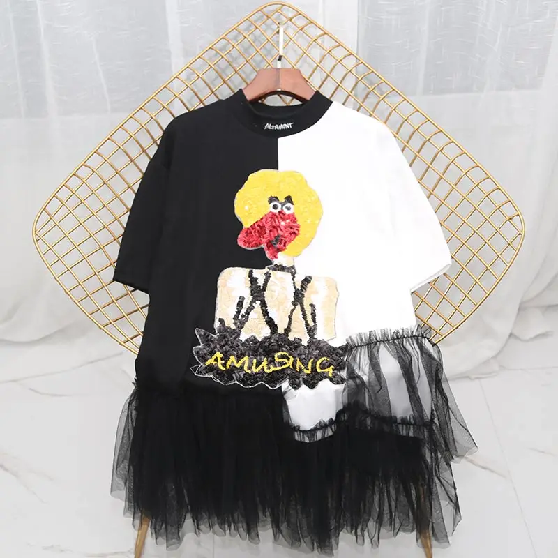 

2019 popular spring and summer new Korean version of loose long section mesh gauze stitching dress female sweet