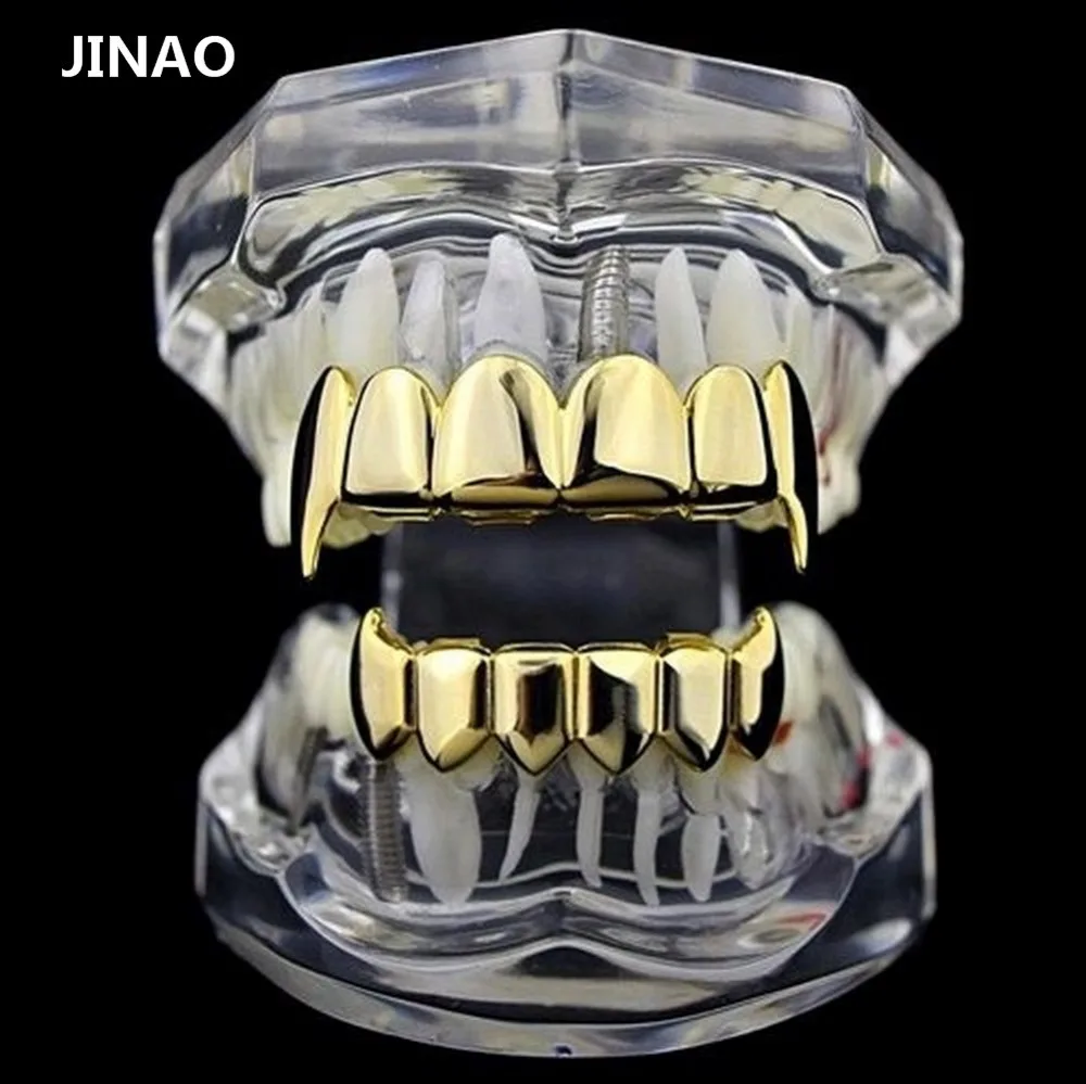 JINAO золото посеребренные хип-хоп ЗУБЫ Grillz верхние и нижние грили набор с силиконовым настоящим блестящим вампирский зуб гриль-наборы