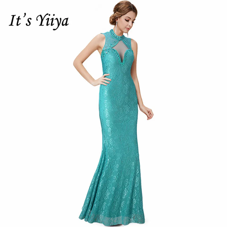 

It's Yiiya Party gowns Royal Crystal Halter Sleeveless Trumpet Prom dress Elegant Lace Floor-length Zipper evening dresses C229