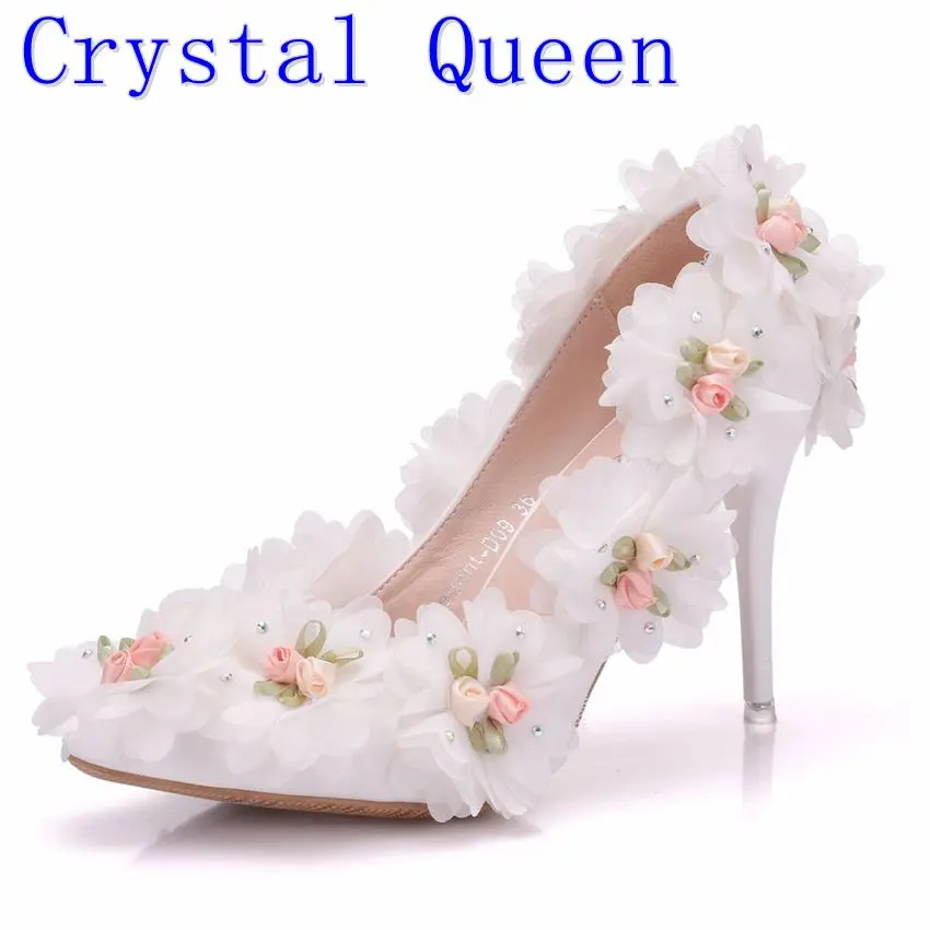

Crystal Queen Women White Lace Flower Wedding Shoes Pointed Toe Formal Dress Shoes Bride Banquet Party Shoes Pumps High Heels