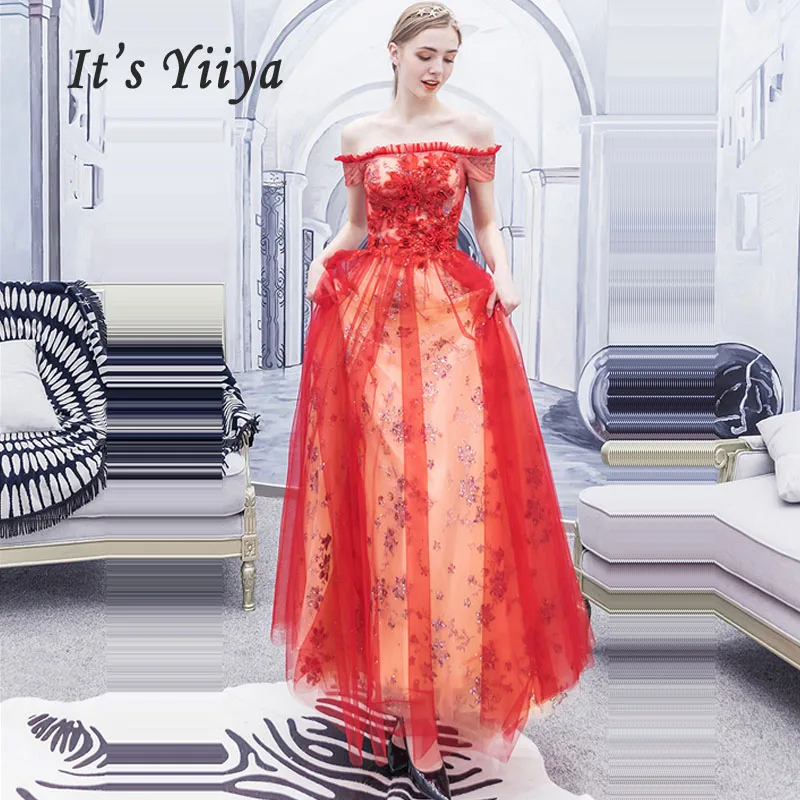 

It's Yiiya Evening Dresses Red Boat Neck Robe De Soiree Elegant Women Party Dress 2019 Plus Size Short Sleeve Evening Gowns E627