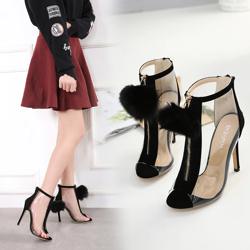 

2019 Summer Sexy Women Boots Sandals Designer Fur Ball Pumps 12cm High Heels Luxury Woman PVC Transparent Peep Toe Jelly Shoes