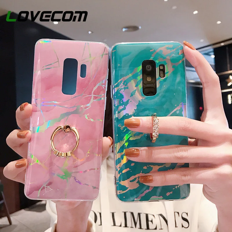 

LOVECOM Luxury Laser Marble With Finger Ring Case For Samsung S7 Edge S8 S9 S10 Plus Lite Note 8 9 Soft IMD Phone Back Cover