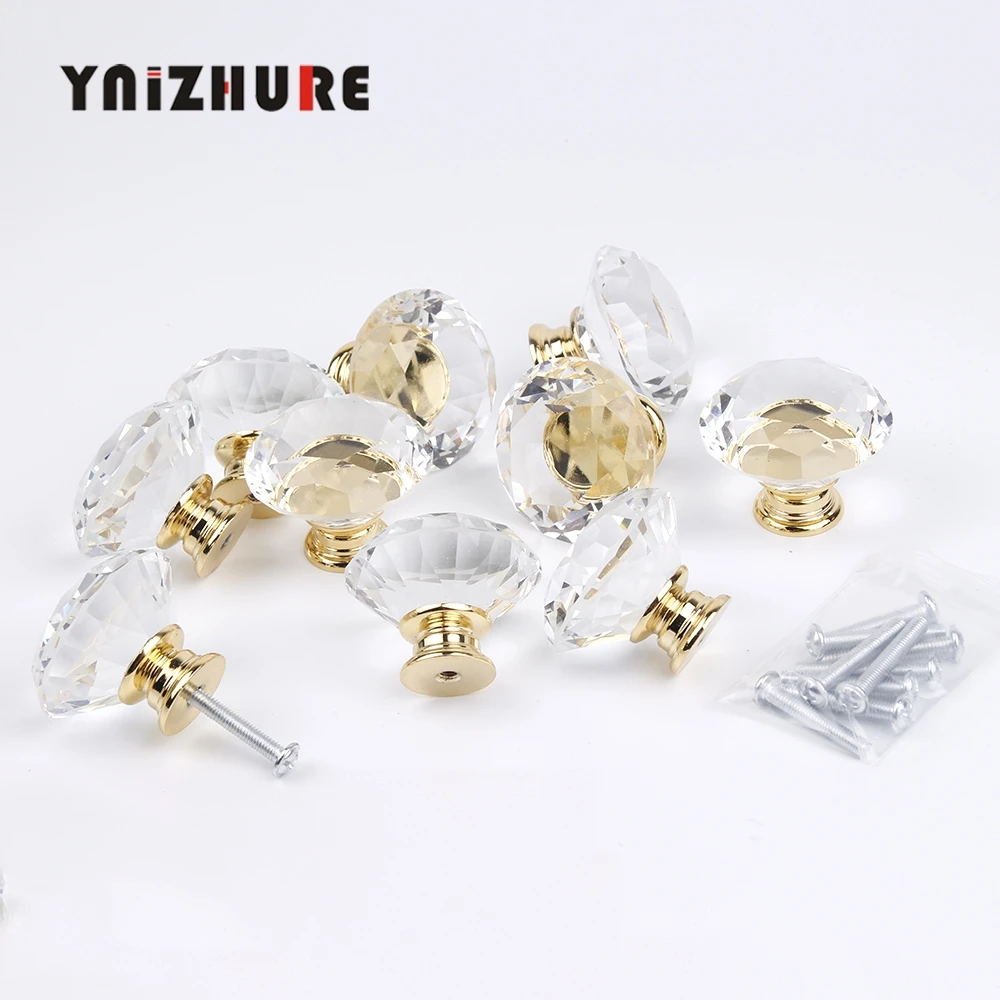 10pcs 40mm Diamond Door New Transparent Crystal Glass Pull Drawer Cabinet Furniture Handle Knob Screw Hot Worldwide Gold Base