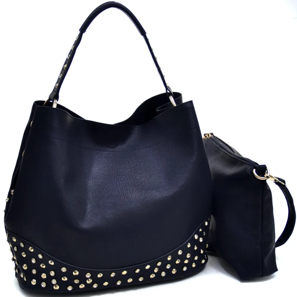 Women Leather Handbags Designer Inspired High Quality 2 In 1 Hobo Bags with Rhinestone Studded ...