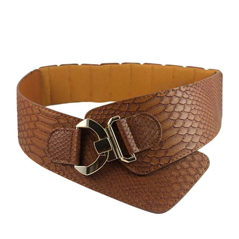 

HOT Fashion Woman Waist Belt PU Leather Snakeskin Pattern Oblique Elastic Personality Ladies Girls Super Wide Belts 19ING