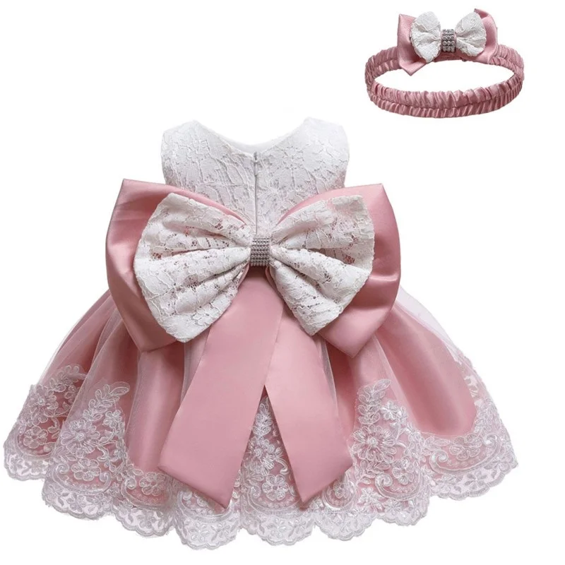 

2019 summer infant Baby Girl Dress Lace Big bow Pink Baptism Dresses for Girls 1st year birthday party wedding baby clothing