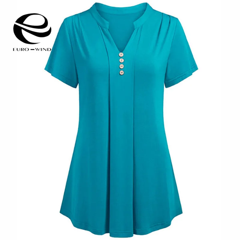 زائد حجم 6XL النساء قمم و بلوزة 2019 الربيع الصيف قصيرة الأكمام الخامس الرقبة الصلبة بلوزة الإناث عارضة فضفاض قمصان قمم blusas