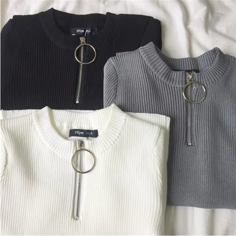 

Korean style women's universal zippers short sleeve t-shirts 2017 Harajuku Casual Women's Ring Knitting T-shirts