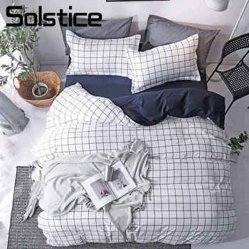 

Solstice Home Textile White Blue Plaid Duvet Cover Pillow Cases Flat Bed Sheet Simple Nordic Bedding Linen Set For Teen Boy Girl