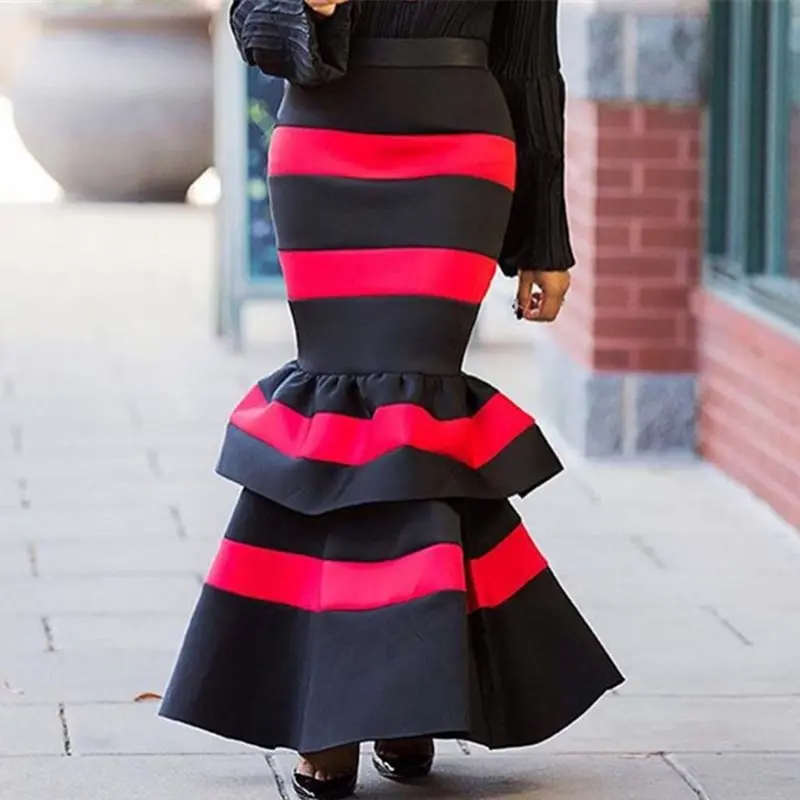 

Party Mermaid Long Sexy Bodycon Skirt Women Ruffle Vintage Elegant Stripe Stylish Spring Summer High Waist Maxi Skirts Female
