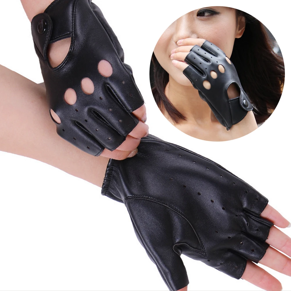 2018 Hot Fashion Women's Half Finger Gloves Female PU Leather