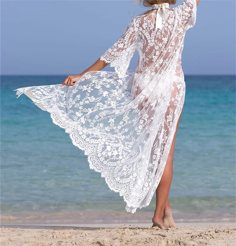 Туники для пляжа, длинное кружевное пляжное платье для женщин, купальник, накидка, плюс размер, Saida de Praia Robe de Plage Kaftan, Пляжная накидка# Q623