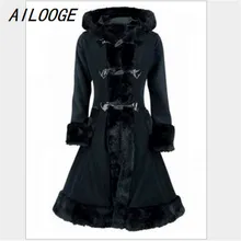 AILOOGE женское черное зимнее шерстяное пальто с капюшоном, длинный рукав, Осень-зима, теплые женские длинные плащи, верхняя одежда, шерстяное пальто на шнуровке сзади