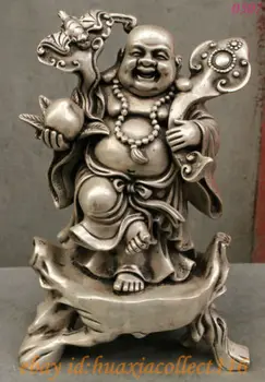 

Folk Chinese Silver Buddha RuYi Bat Fu Shou Peach Happy Laugh Maitreya Statue copper Decoration real Brass