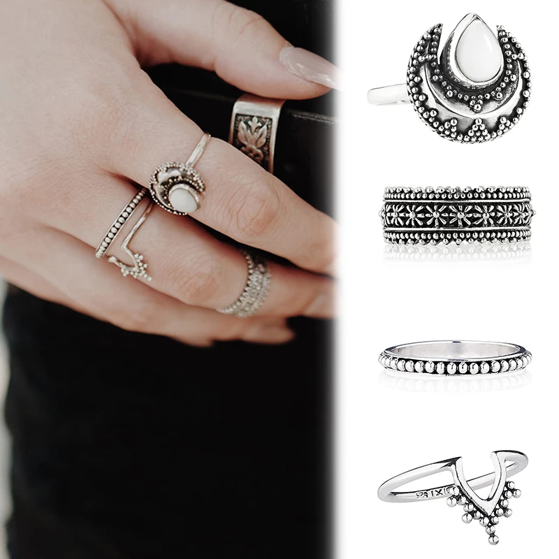 4PCS/Set Vintage Boho Women White Turquoise Silver Knuckle Ring Jewerly