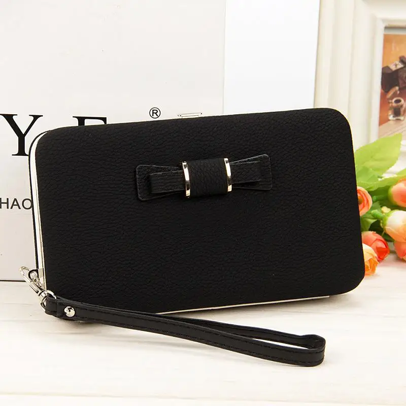 

Yfashion Women's Credit Card Holder Cellphone Clutch Bag Handbag Soft PU Solid Color Bowknot Zipper Wallet with Portable Wrist Strap