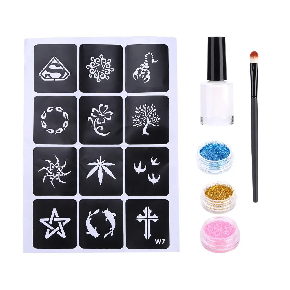 

3 Colors Glitter Tattoo Powder Pigment Body Paint Tool Kits +Tattoo Template Sheet Temporary Decal Stencil + Brush + Tattoo Glue
