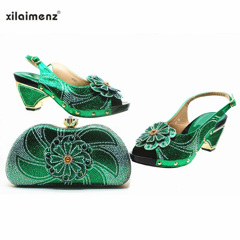 

Green Color New Arrival Italian Sandals with Matching Bags Nigerian Women Wedding Shoes and Bag Set Decorated with Rhinestone