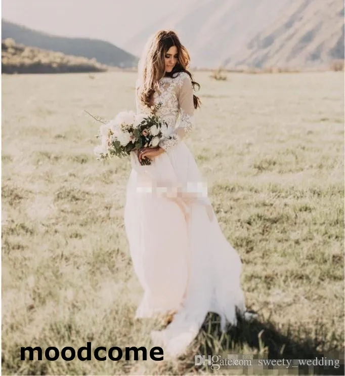 Bohemian Country Wedding Dresses With Sheer Long Sleeves Bateau