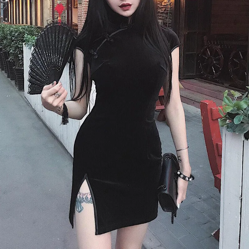 Женское платье в китайском стиле, готическое облегающее мини-платье Чонсам, летнее винтажное черное платье в стиле Харадзюку