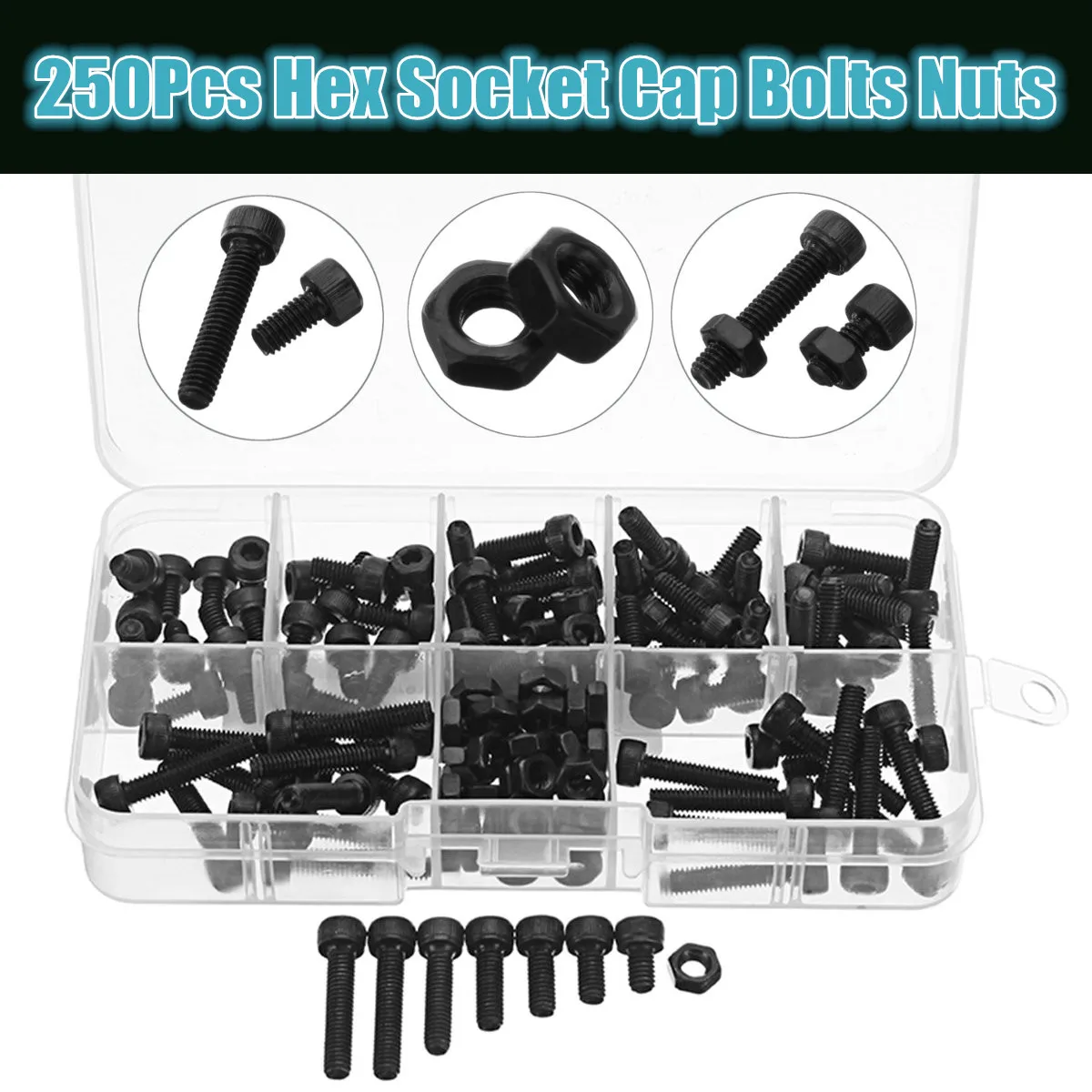 

250Pcs M4CH1 M4 Carbon Steel Hex Socket Cap Screws Bolts Nuts Assortment Kit 6/810/12/16/20mm Fastener Hardware