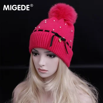

2018 Women Winter Hat Warm wool Knitted Beanies Cap High quality Real Fox Fur pompoms Hats Classic color diamond decoration