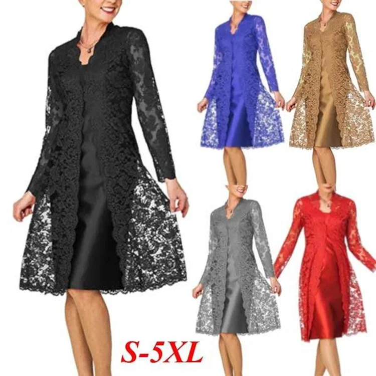 Prezzo 2019 Donne di Autunno di Estate Due Pezzi di Charme Vestito Vestito Da Partito di Colore Solido Più Il Formato Office Lady Abiti A Maniche Lunghe In Pizzo vestito