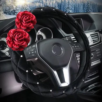 

Red Rose Flower Car Seat Interior Accessories Steering Wheel Cover Auto Crystal Handbrake Shifter Cover Seat Belt Cover Women