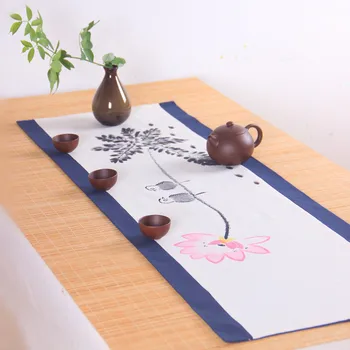 

Hand Painting Lotus Chinese White Table Runner Cotton Linen Christmas Table Mat Placemats Rectangular Coffee Tea Table Cloth