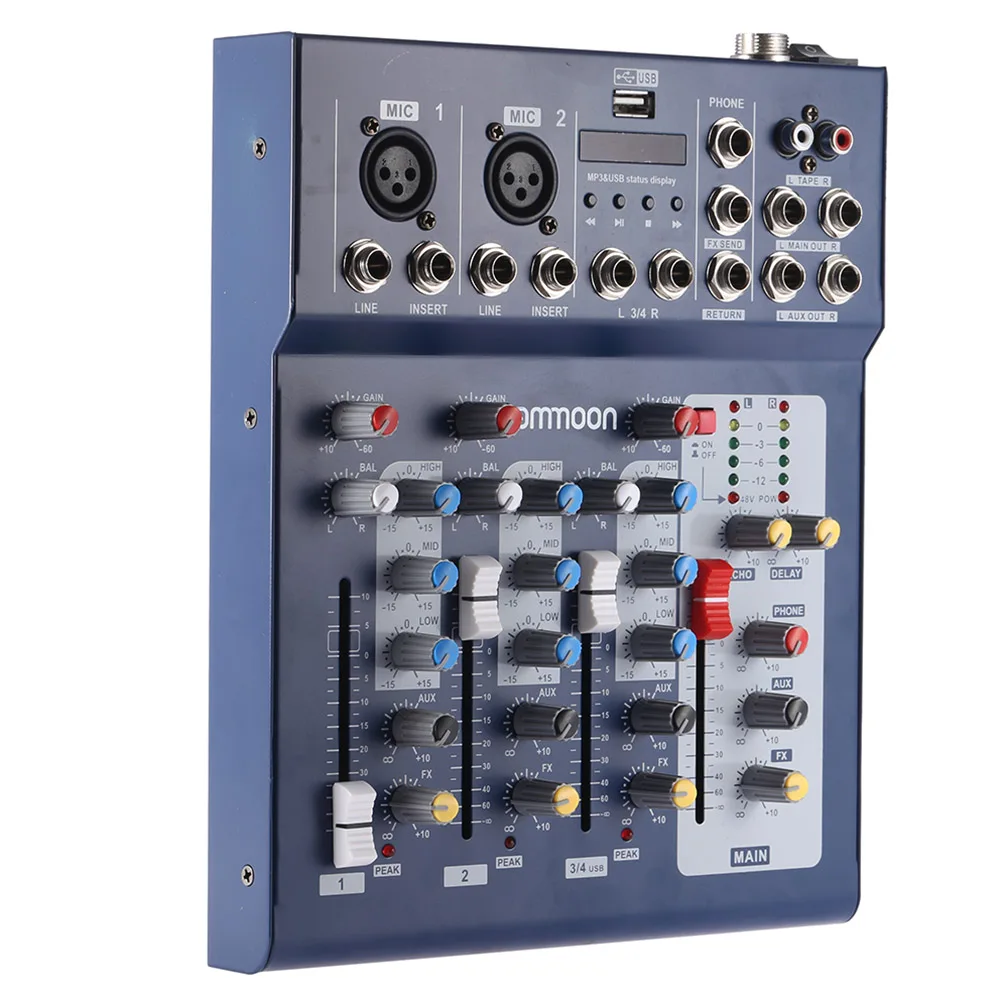 

ammoon F4-USB 3-Channel Mixer Console Digital Mic Line Audio Mixing with 48V Phantom Power for Recording DJ Stage Karaoke