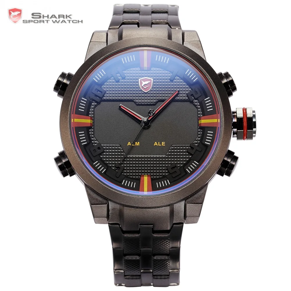 Sawback Angel SHARK спортивные часы с двойным временем цифровой светодиодный Аналоговый Дата День черный красный ремешок из нержавеющей стали Мужские кварцевые часы/SH197