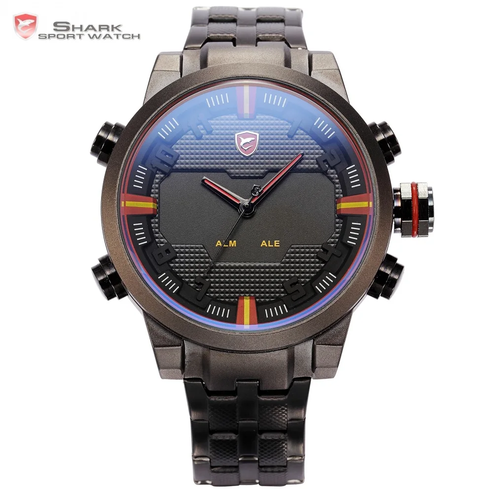 Vente Sawback REQUIN Ange Sport Montre Dual Time Numérique LED Date Jour Analogique Noir Rouge Bracelet En Acier Inoxydable Mens Montres À Quartz SH197